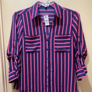 Express The Portofino Shirt Salmon & Navy Button Up Dress Blouse. Size M
